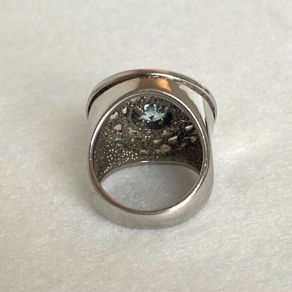 Sterling Silver 925 Round Blue Topaz Scrollwork Wide Band Statement Ring Sz 5.75 - Picture 5 of 16